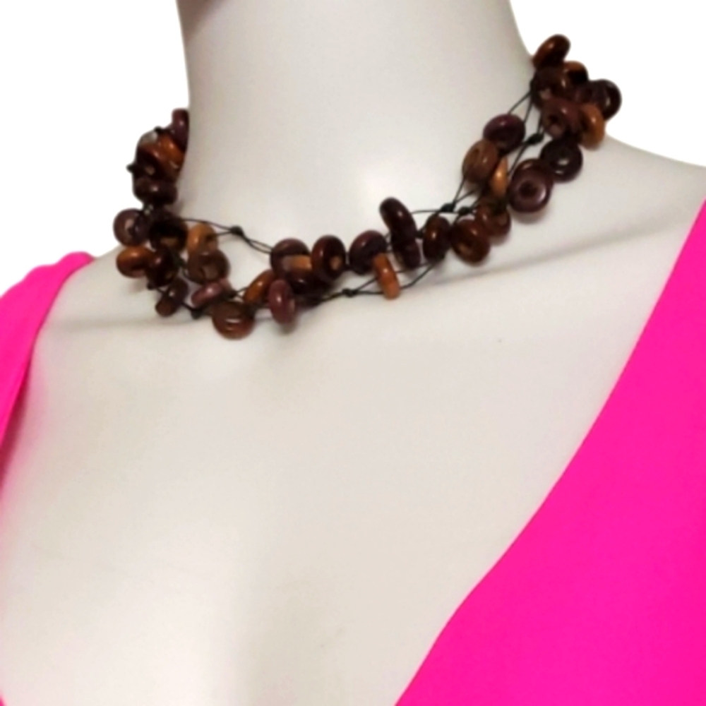 Vintage Bohemian Handmade Haldu Wood Beaded Station Strand Necklace.